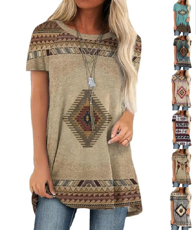 New Women's Clothing European and American Aliexpress Amazon Western Style Digital Printed Short-Sleeved Round Neck T-Shirt 5321