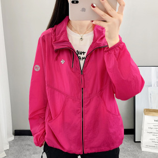 25F410 Spring and Summer New Hooded Sun Protection Thin Jacket Loose Zipper Top Women's Trendy Casual Windbreaker Waterproof
