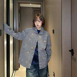 南油正确高版本驴家手工樱花水钻刺绣条纹牛仔外套宽松男女款夹克