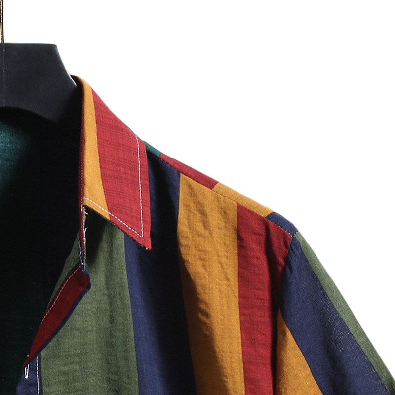 2021 verano nuevo tamaño europeo rayas camisa casual solapa manga corta personalidad color rayas camisa delgada para hombres