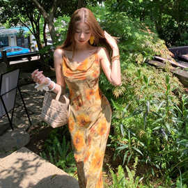 新中式印花无袖吊带荡领连衣裙女清新田园风复古油画包臀长裙跨境