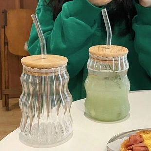Vertical grain glass bamboo lid straw cup coffee cup with lid with straw milk cup drinking water drink glass single-layer cup h