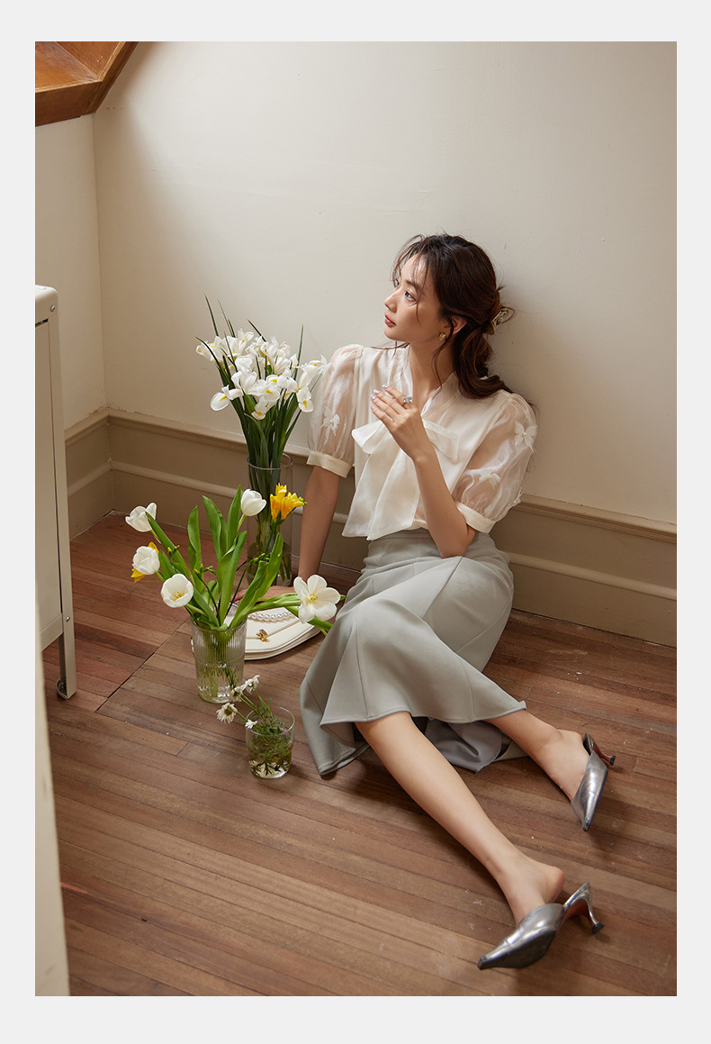 起范 夏款气质轻熟风蝴蝶结衬衫女短袖小众设计钉珠法式衬衣82302 pic 18