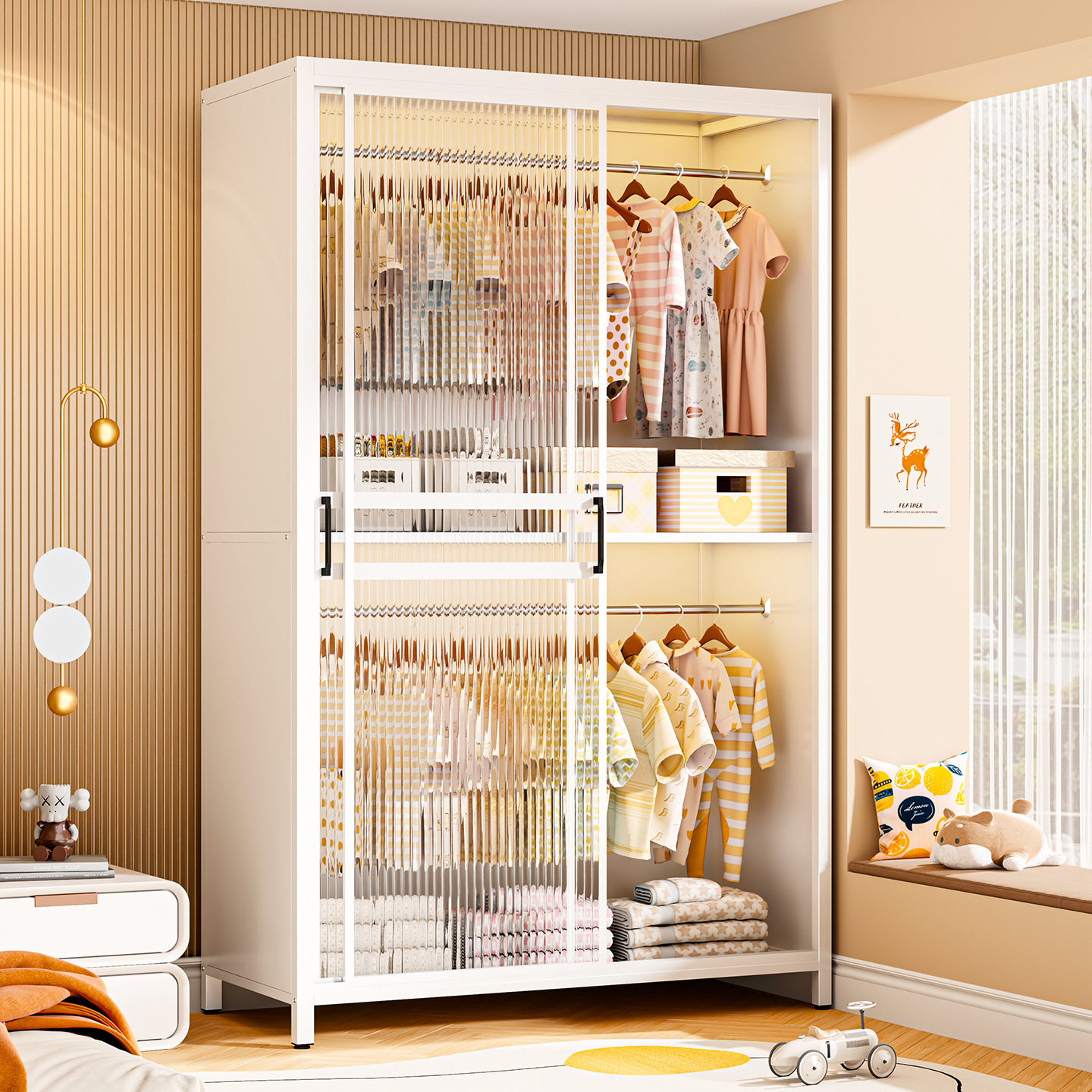 Wardrobe for Home Use in the Bedroom, Sliding Door Wardrobe, Easy Assembly, Small Apartment Steel Wardrobe, New Model Clothes Storage Cabinet