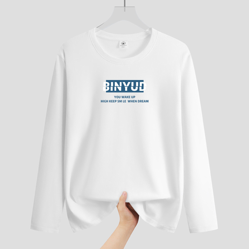 T-shirt a maniche lunghe in puro cotone per uomo con cappuccio, stratificazione primaverile e autunnale, fondo casual largo di tendenza Instagram per ragazzi_voghion.com