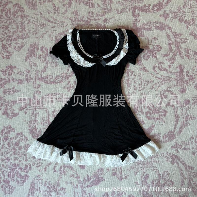 Sweet and Cool Hot Girl Style Black Lace Dress with Doll Collar and Bow, Slimming Gothic Style Dress Sweet and Cool Hot Girl Style Black Lace Dress with Doll Collar and Bow, Slimming Gothic Style Dress