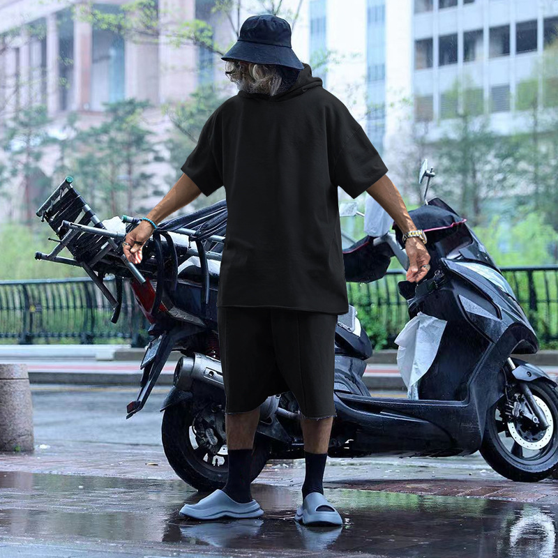 2024 Men's Short Sleeve Shorts Oversize Fur Loose Sports Casual Hooded Set_mkmklike.com