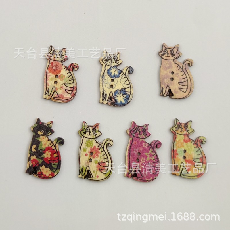 Botón de madera de gato de dibujos animados blanco/color natural 50 botones de gato impresos en madera por paquete