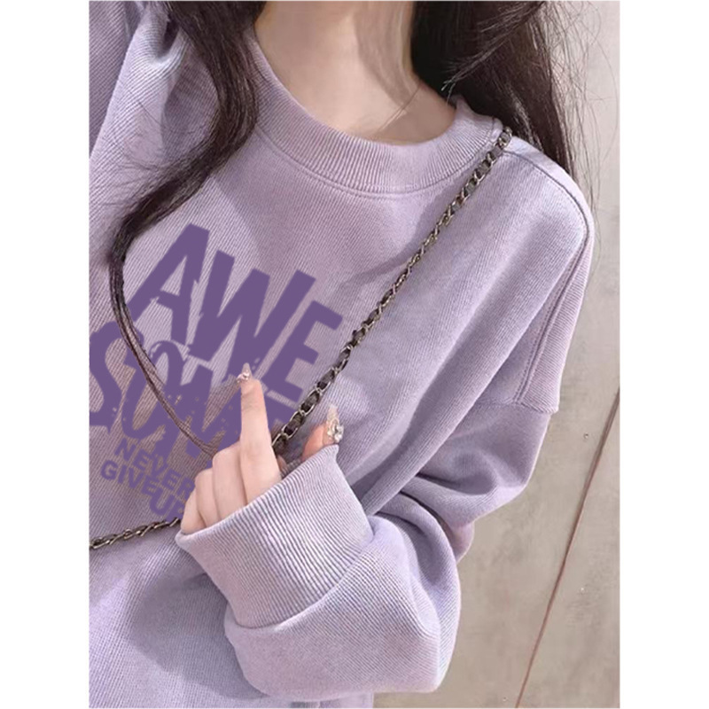 Cotton Round Neck Lavender Sweatshirt Women's Hooded 2025 Spring and Autum Velvet Thickeneded Loose Lazy Style Casual Top