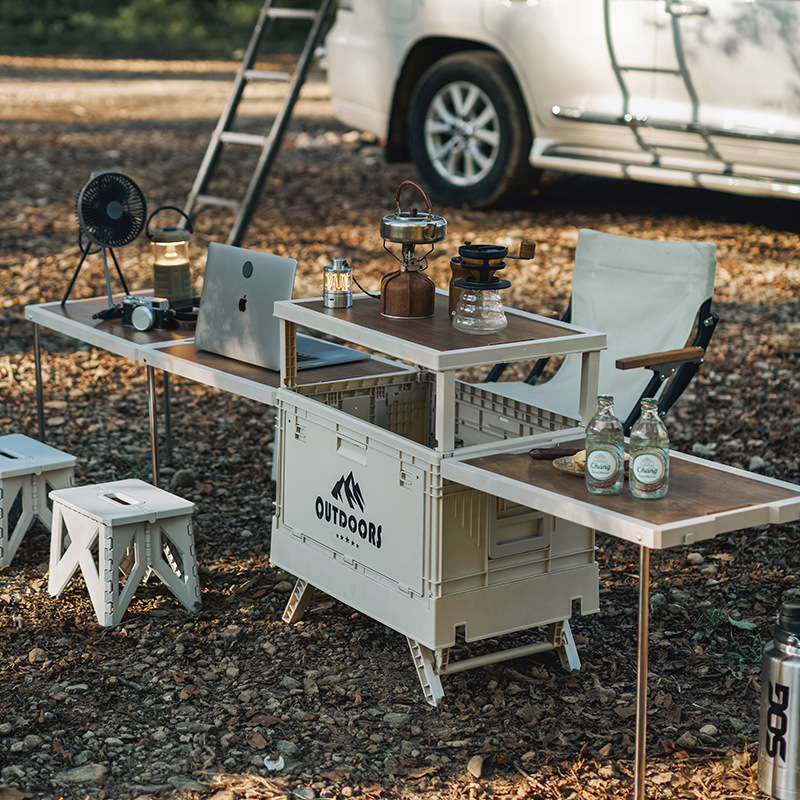 Caja de almacenamiento de camping al aire libre, mesa plegable multifuncional de gran capacidad, caja de almacenamiento con cubierta de madera para camping, caja de recolección de automóviles