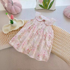 女童連衣裙2024年夏季新款翻領碎花背心洋氣女寶寶公主連衣裙潮范