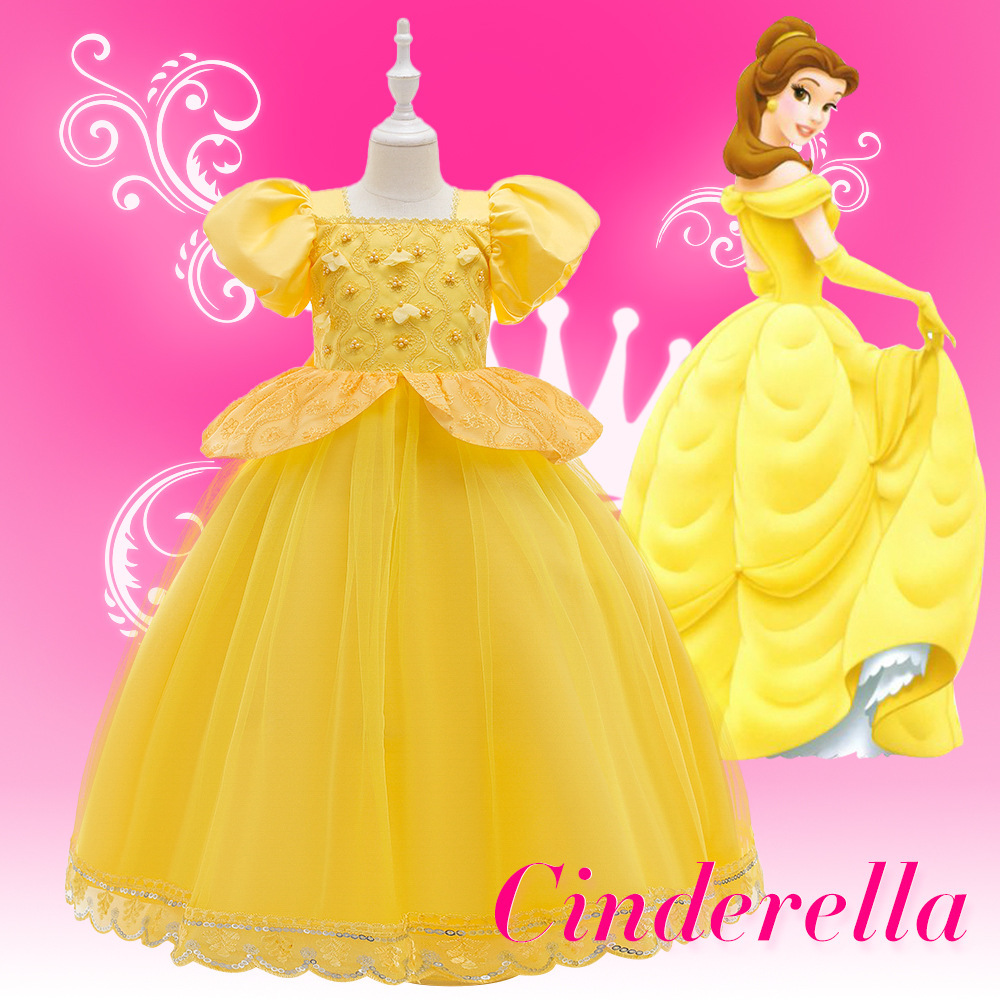 Vestido de princesa Frozen, vestido largo de malla bordada con mangas abullonadas, disfraz de actuación para niñas, vestido de gala para niñas, venta al por mayor