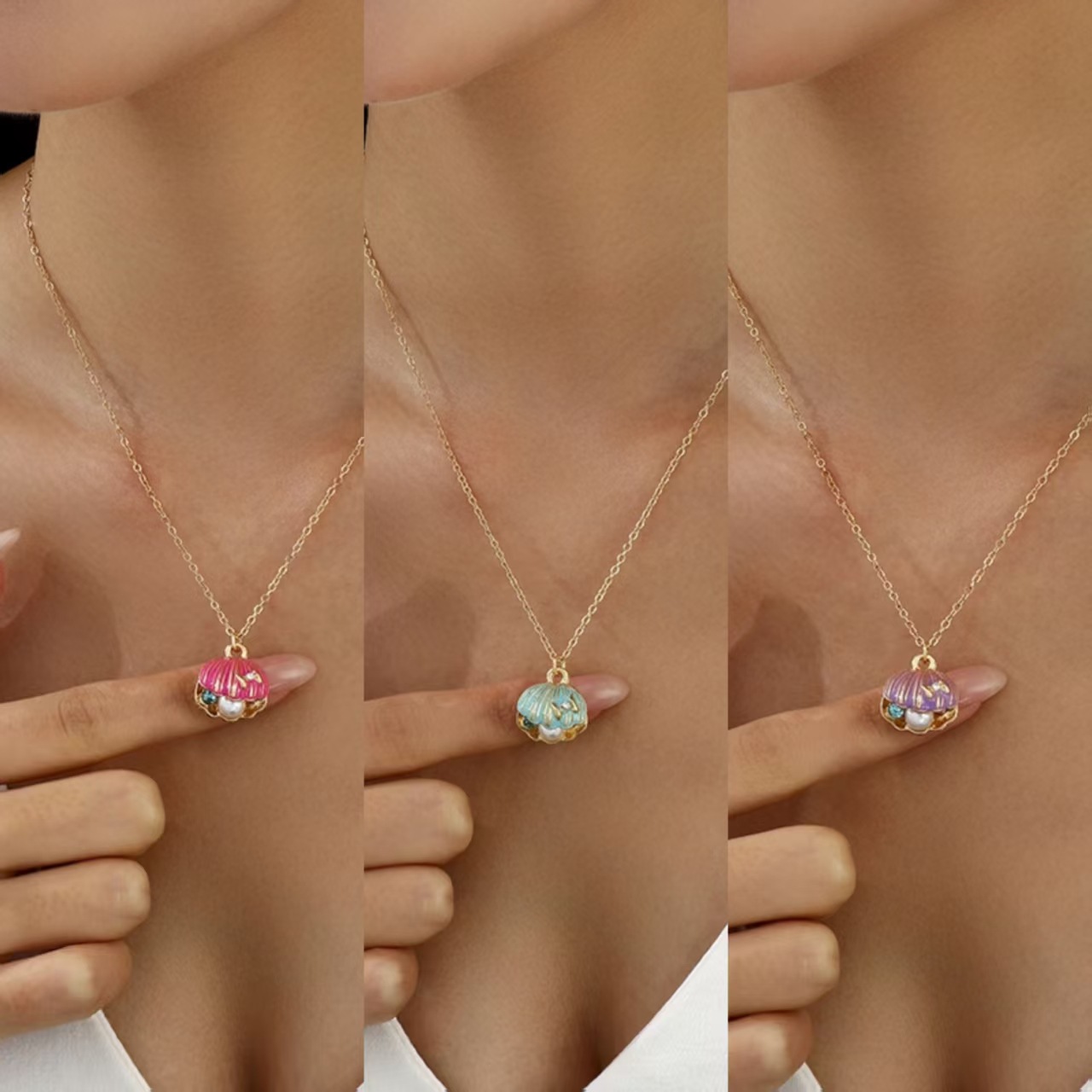 Joyería transfronteriza venta caliente suministro de comercio electrónico verano playa con incrustaciones de perlas de imitación abanico concha colgante collar de mujer