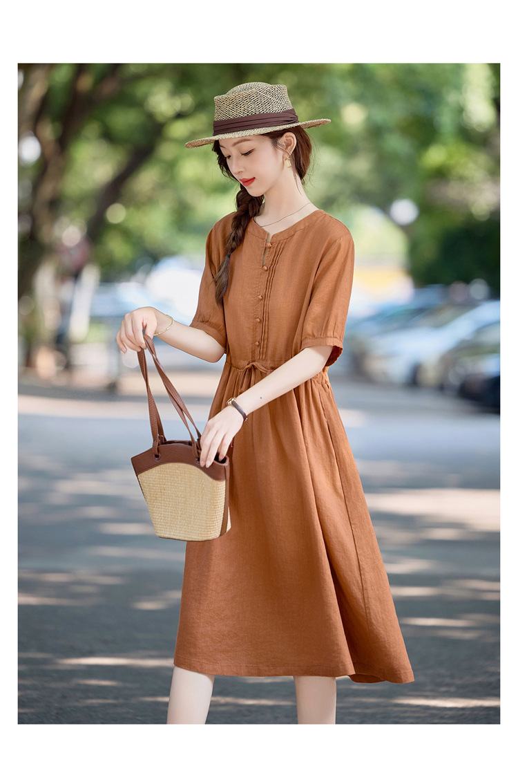 Đầm maxi nữ thắt eo cotton linen 2025 form rộng thanh lịch — màu sắc, Xanh lông mòng đen chi tiết 16
