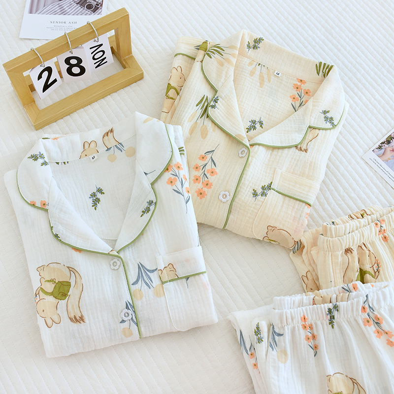 Japanese Style Pajamas Women's Spring and Autumn Pure Cotton Gauze Double-Layer Crepe Long-Sleeved Cardigan Summer Thin Loose Home Clothes Set Japanese Style Pajamas Women's Spring and Autumn Pure Cotton Gauze Double-Layer Crepe Long-Sleeved Cardigan Summer Thin Loose Home Clothes Set