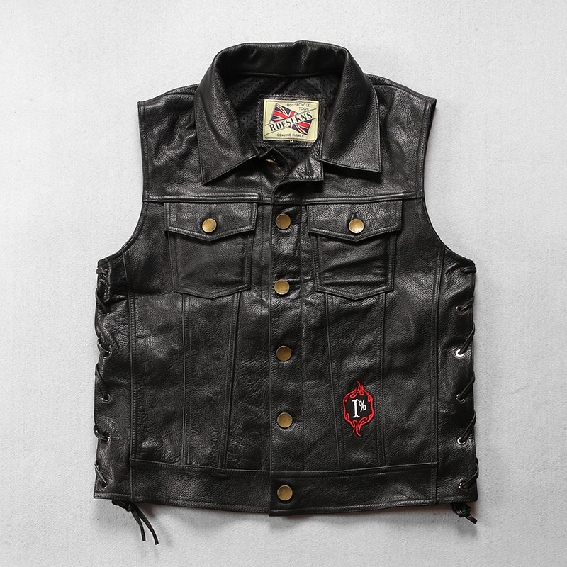 Casual Motorcycle Leather Vest Men's Club Flame Knight First Layer Cowhide Vest