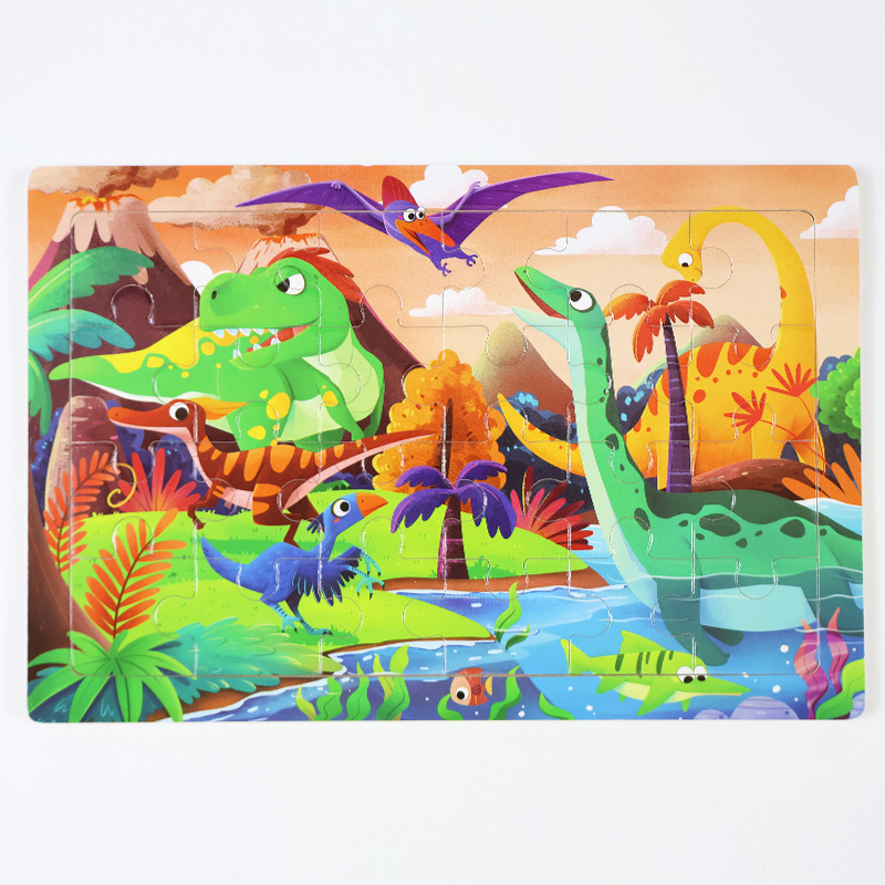 Madera 24 piezas de dibujos animados dinosaurios puzzle de madera plano juguetes de inteligencia infantil