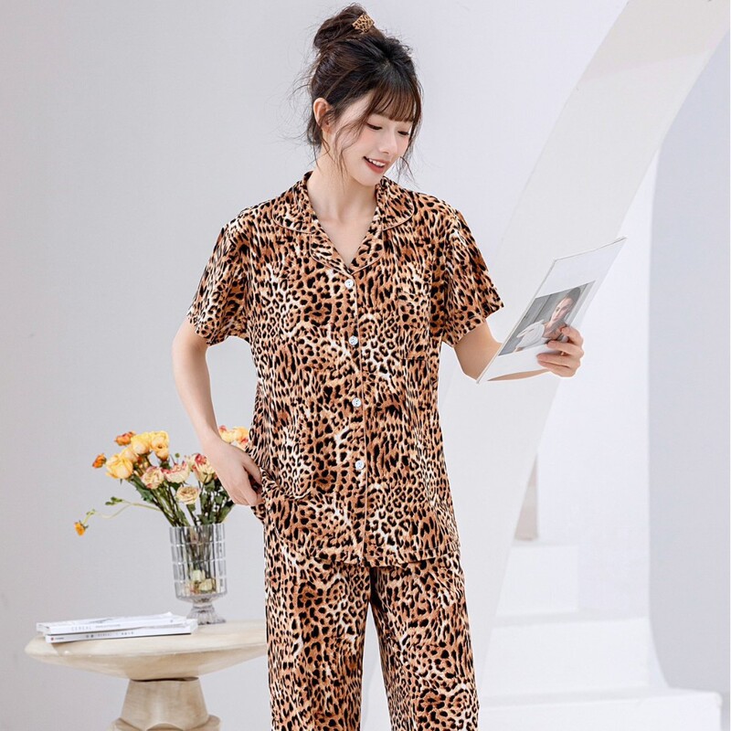 Cross-border Pajamas Women's Summer Skin-relieving Cotton Leopard Print High-grade Short-sleeved Trousers Two-piece Home Clothes Cross-border Pajamas Women's Summer Skin-relieving Cotton Leopard Print High-grade Short-sleeved Trousers Two-piece Home Clothes