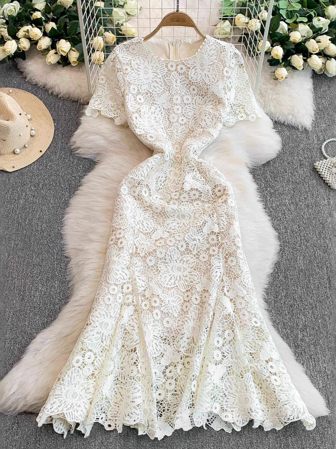 elegant lace summer dress with a round collar