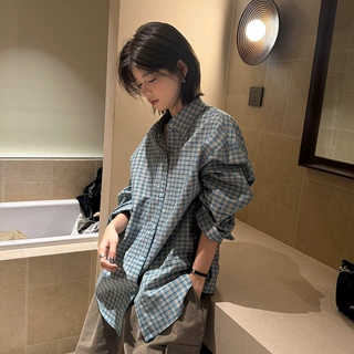 黎诺 早秋新款格子长袖衬衫女2026韩系休闲学院风慵懒显瘦衬衣潮