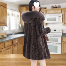 100%貂皮大衣女真貂皮连帽狐狸领海宁进口貂皮草外套女过膝中长款