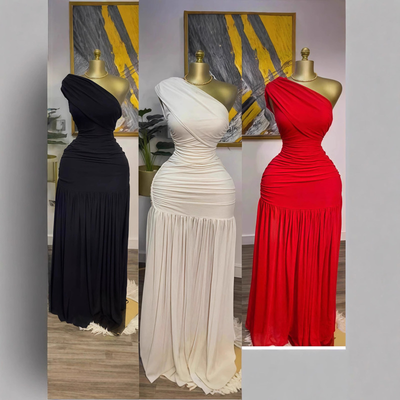 European and American Cross-Border Women's Clothing 2025 Spring New Pure Color Sleeveless Slant Collar Pleated Slim Slit Long Dress