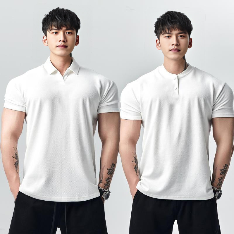 Summer Pearl Cotton Short-sleeved New Chinese-style Henry Collar Polo Shirt Large Lapel Collar Cuff Sports Fitness Men's T-shirt