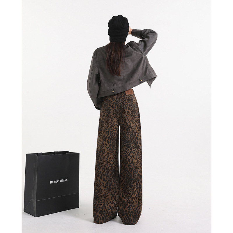 MING HAI 미국 스타일 빈티지 스파이스 소녀 레오파드 무늬 느슨한 넓은 다리 바지 틈새 캐주얼 와이드 다리 스트레이트 청바지 여성