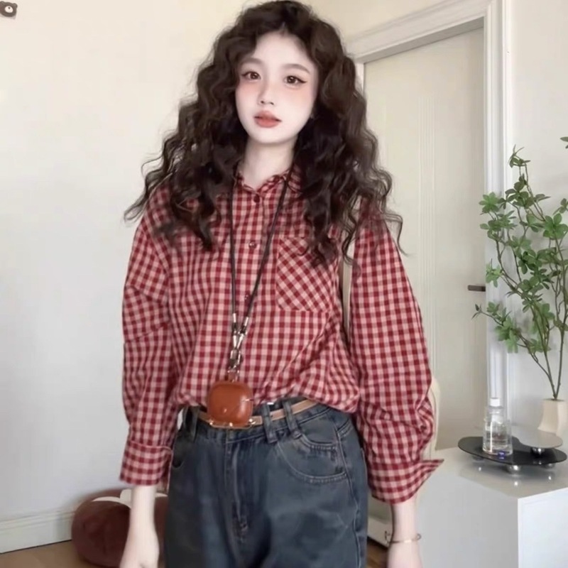 韩系复古红色格纹衬衫外套女春秋休闲宽松气质设计感防晒衬衣上衣|undefined