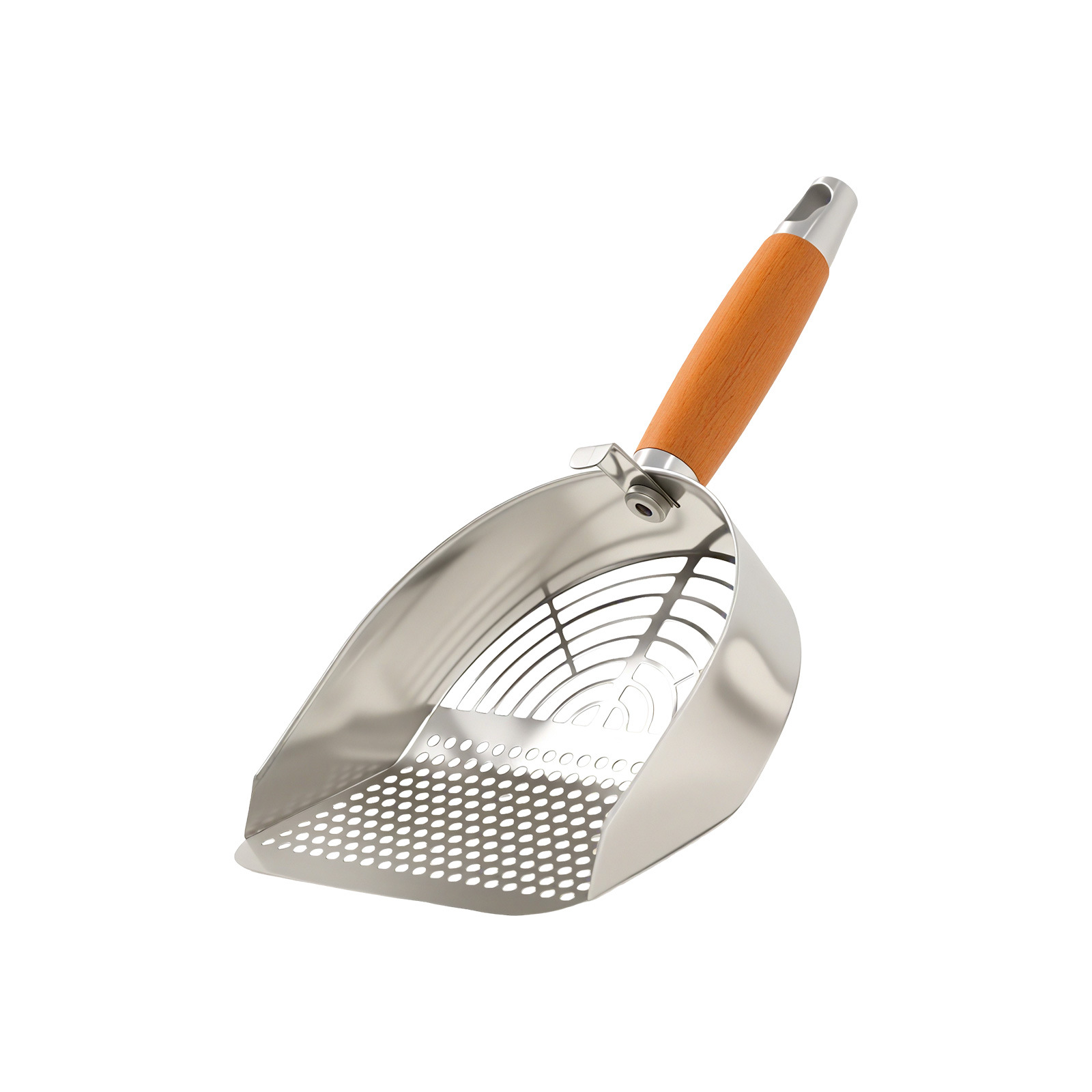 Spot al por mayor roble rojo 304 acero inoxidable agujero redondo pala de arena para gatos arena de bentonita arena de tofu pala de estiércol de gato universal