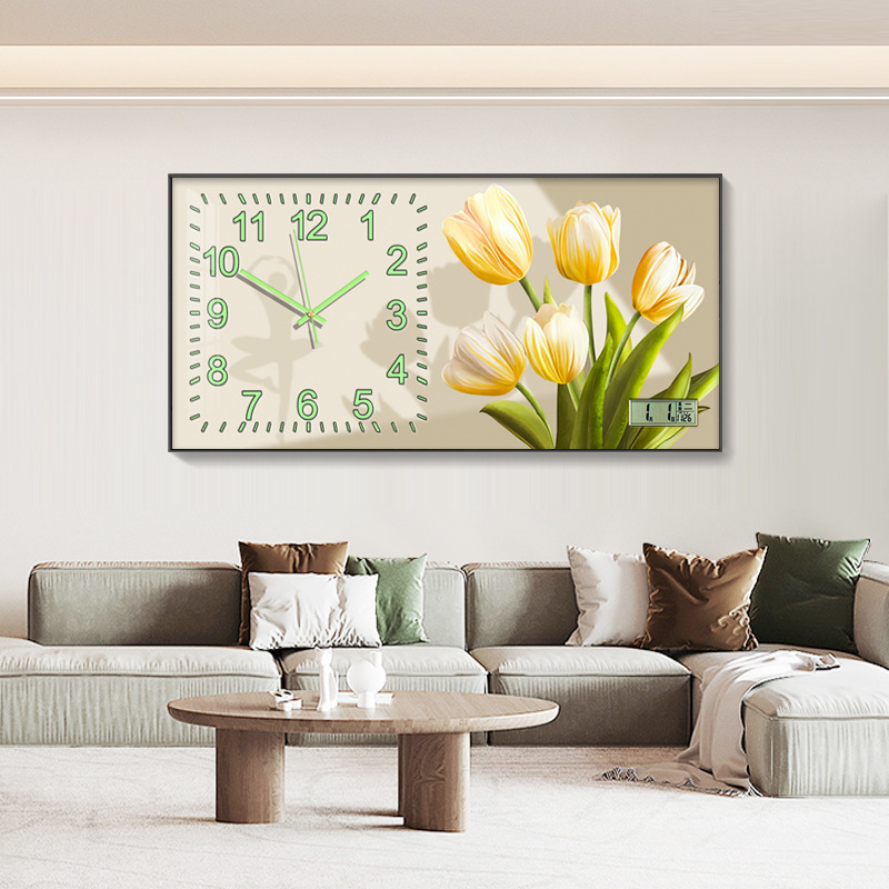 Crema estilo aleación de aluminio reloj moderno minimalista flor pintura decorativa Reloj de pared sofá Fondo pared pintura Reloj de pared
