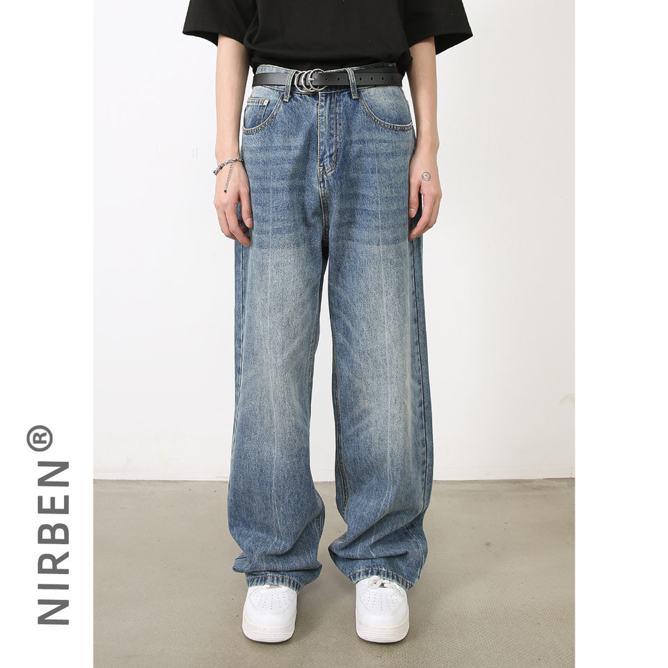 Quần jeans nam ống đứng dáng suông rộng, denim xử lý giặt retro phong cách Mỹ, quần dài mặc hằng ngày — Màu xanh lam