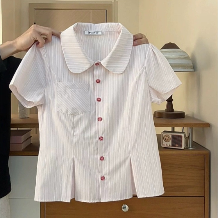 Korean-Style College-Style Pink Striped Pocket Shirt for Women, Niche Design with Slit Hem, Short-Sleeved, New Summer Model