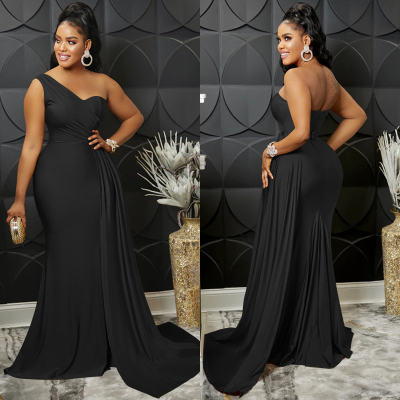 Elegant Solid Color One Shoulder Long Dress Women's Slim Fitted Temperament Party Evening Formal Cocktail Dress_ecoleips.com