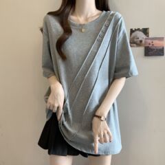 大码不规则纽扣短袖t恤女夏季2025新款胖mm宽松显瘦遮肉时尚上衣