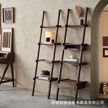 定制款榆木家具书架靠墙一体式书桌层板架阶梯式多层架侘寂风水柜