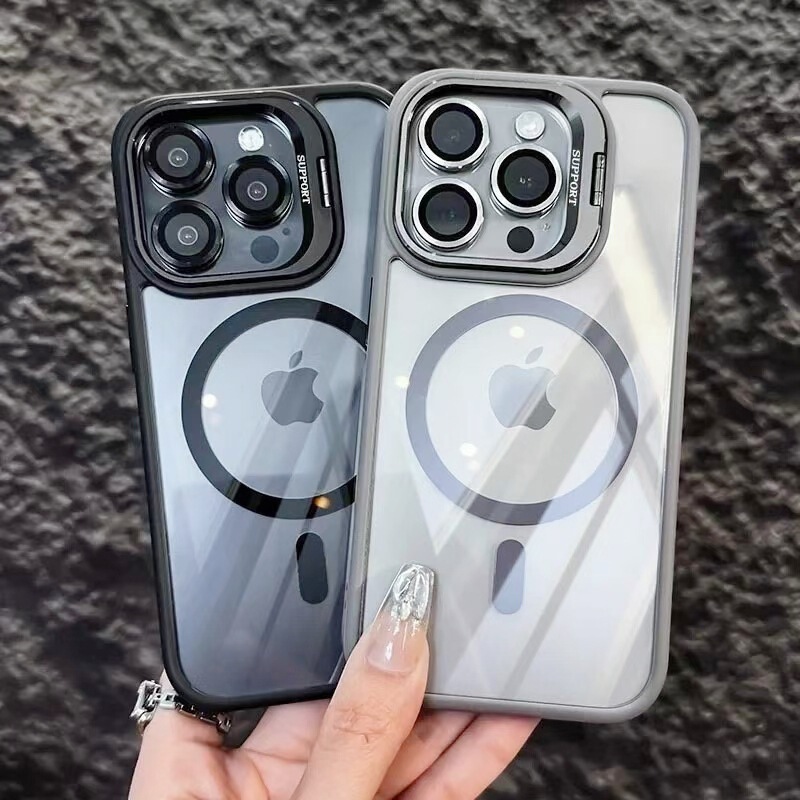 越境対応 Apple 17promax 携帯電話ケース iPhone16 マグネット式レンズスタンド 15 アクリル製耐衝撃カバー|undefined