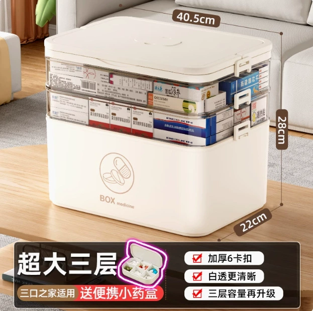 Medicine Storage Box, Plastic Multi-Layer Organizer, Portable Handle, Large Capacity