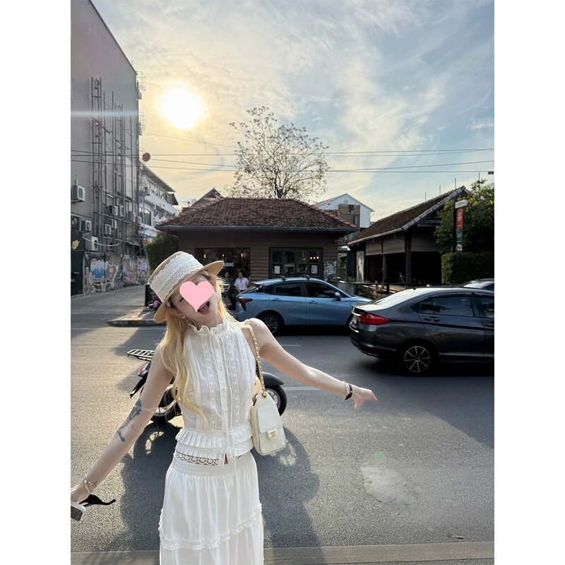 Ffcheer Summer Southern France Stand Collar Lace Trim French Style Top Slim Fit Sleeveless Vest Shirt for Women