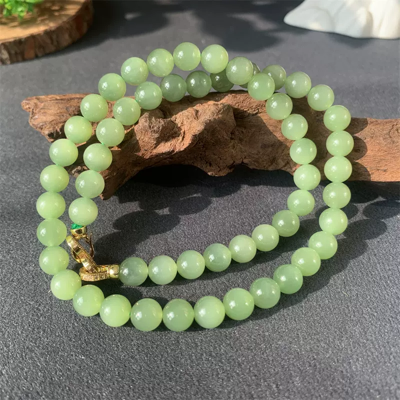 天然新疆和田玉碧玉圆珠项链冰底晴水绿玉石链子送妈妈节日礼物