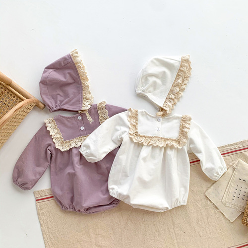 Spring and Autumn New Korean Style Baby Girl Trendy Lotus Collar Lace Edge Bodysuit Diaper Cover Outfit for Infants