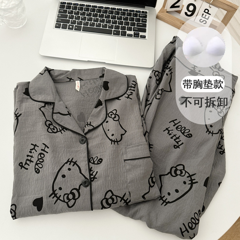 带胸垫一体甜美樱桃睡衣女春秋款云朵纯棉纱可外穿开衫家居服夏季|undefined