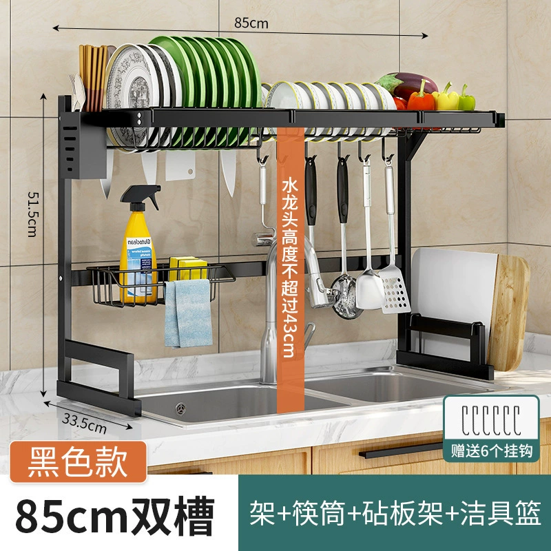 Over‑sink multilayer drying rack, universal kitchen storage, black, 65 cm or 85 cm