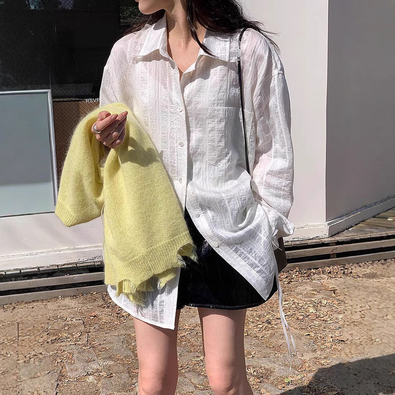 Blue Photographed Mint Mambo Relaxation Tencel Shirt South Korea Lace Stitching Lace Loose Shirt