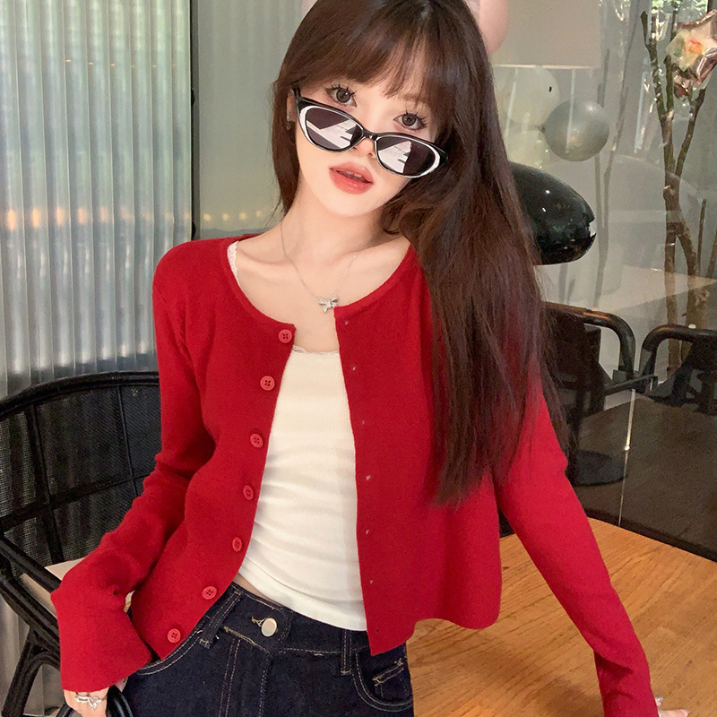 Red Sweater Cardigan for Women, Knitted, Early Autumn 2025 New Style, Elegant Thin Sweater, Ancora Red Top