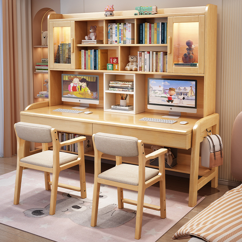 Solid Wood Double Desk Bookshelf Integrated Computer Desk Office Desk Home Living Room Side by Side Learning Writing Table and Chair Combination
