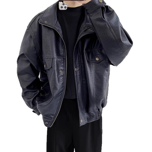 American Retro Motorcycle Soft Leather Jacket for Men, Fake Leather Short Sleeve Spring and Autumn Season Couple High-End Pilot Jacket