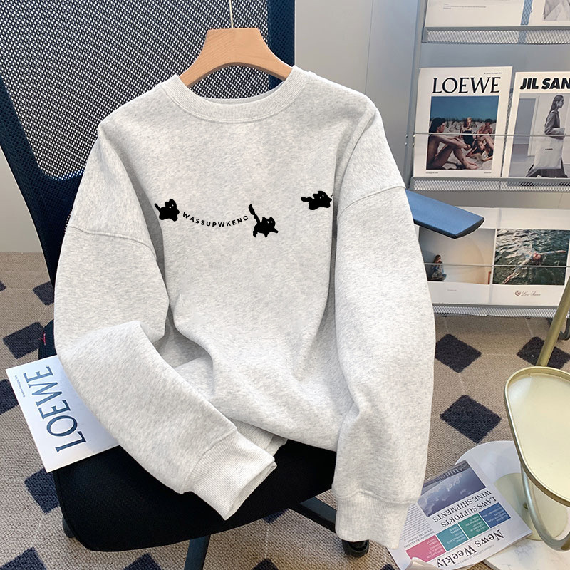 Autumn Korean Style White Gray Round Neck Sweatshirt for Women 2025 New Popular Cat Print Top Fleece-Lined Thickeneded Jacket Autumn Korean Style White Gray Round Neck Sweatshirt for Women 2025 New Popular Cat Print Top Fleece-Lined Thickeneded Jacket