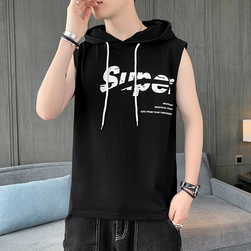New men's sleeveless T-shirt top, camisole, summer sports vest, pure cotton round neck printed casual clothes_voghion.com