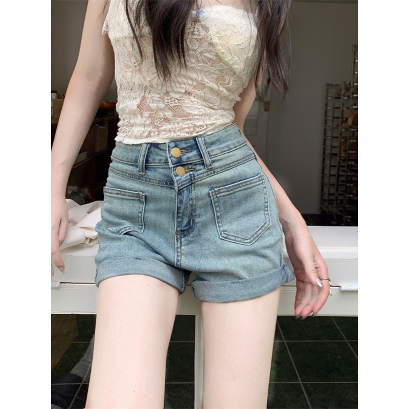Stretch Double Buckle Jeans Women's 2024 Summer New High Waist Slimming Straight Leg Pants Curl Hot Pants All-match Shorts